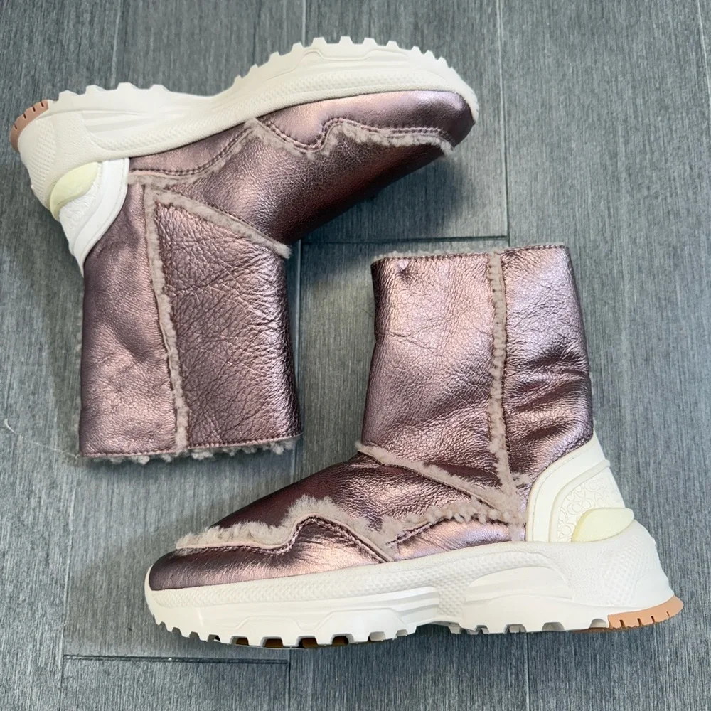 NEW Coach Portia Cold Weather Bootie Pink Metallic Rose Gold Shearling Boot 5